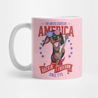 Cute and Funny Doxie Dachshund Dog with Red white and Blue sunglasses Fur Baby Rockin Freedom Mug